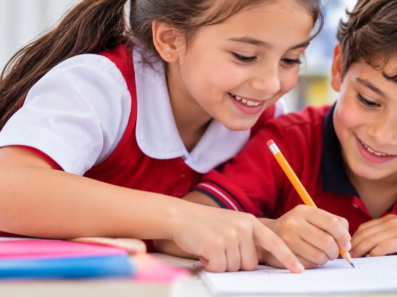 Dos estudiantes practicando ejercicios de inglés en clase