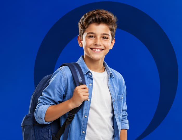 Estudiante con morral y libros listo para su clase de inglés