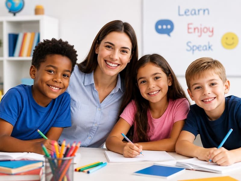Profesora acompañando a tres estudiantes en una clase de inglés