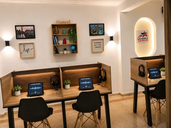 Audio Room de Yo Hablo Inglés con cabinas individuales, tabletas y audífonos